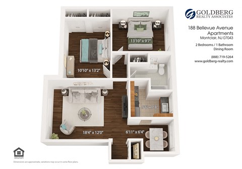 Floor plan for 2 beds, 1 bath, 850 sqft